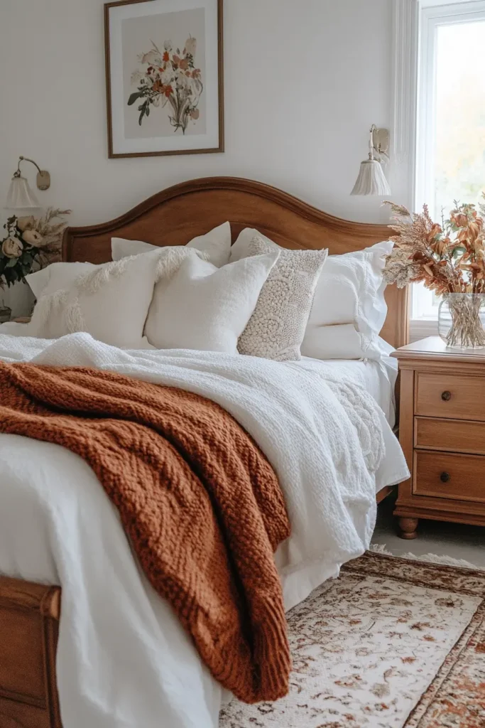 Coastal fall bedroom blending beach vibes with autumn warmth