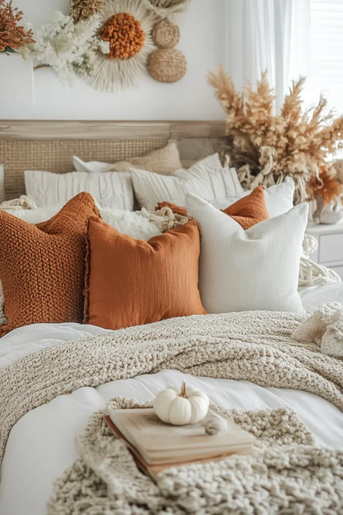 Cozy fall bedroom ideas with layered bedding and seasonal accents