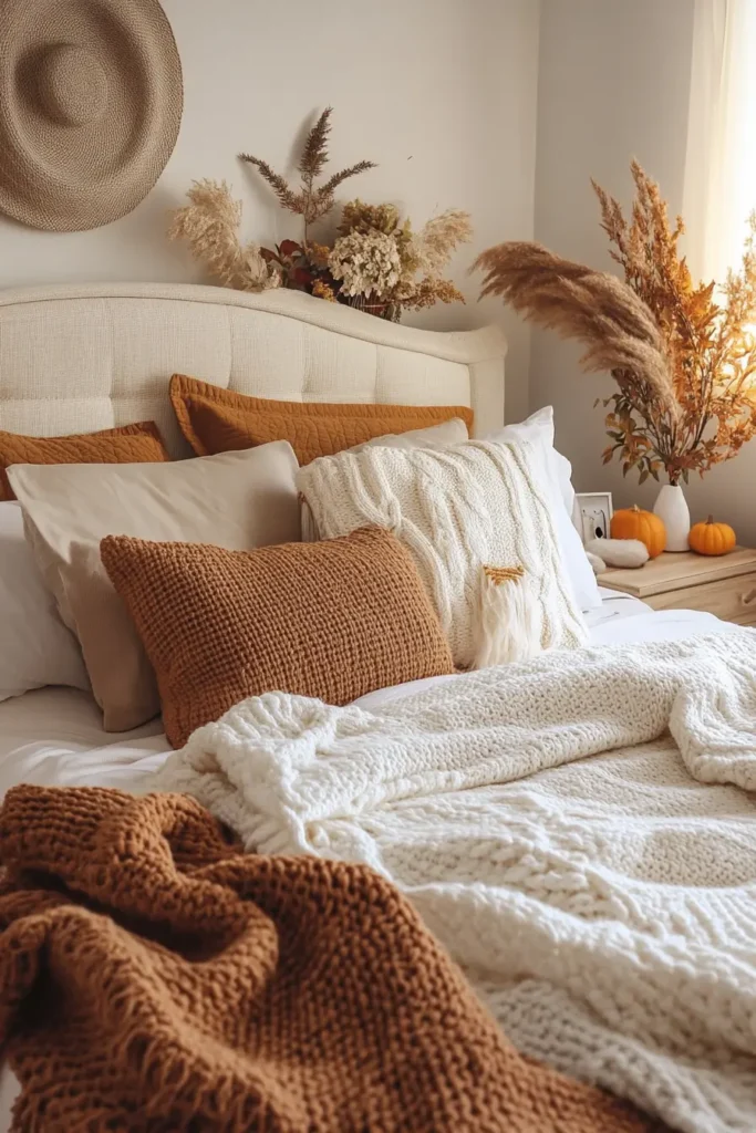 DIY fall decor bedroom showcasing handmade autumn elements