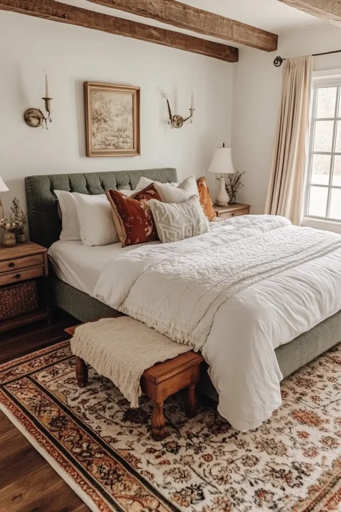 Dark fall bedroom aesthetic with moody colors and cozy textures