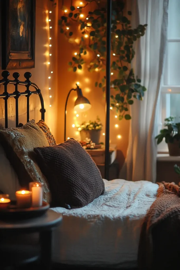 Fall colored bedroom showcasing a rich autumn palette