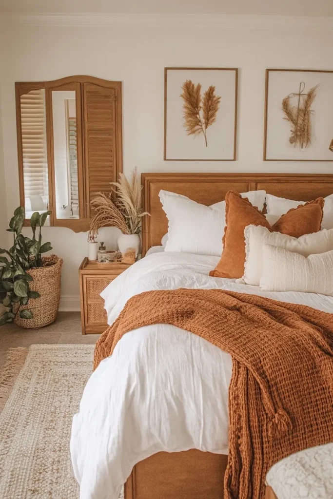 Fall cottage bedroom with cozy, rustic autumn elements