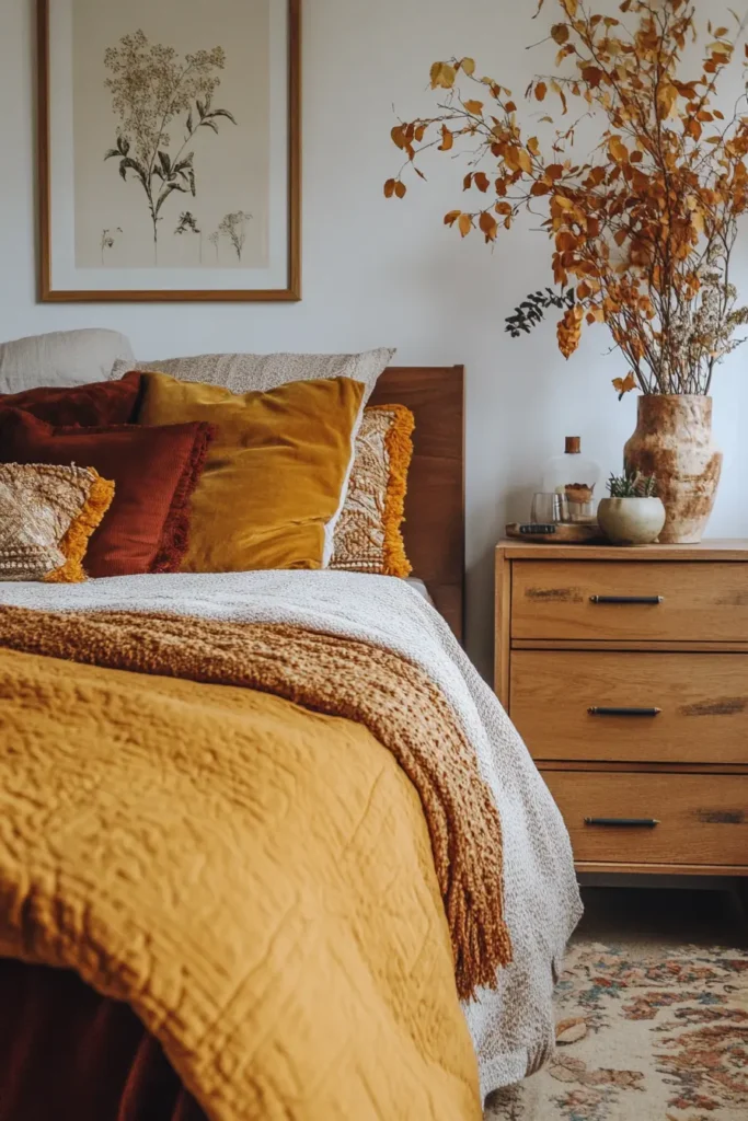 Fall decorated bedroom showcasing a variety of autumn elements