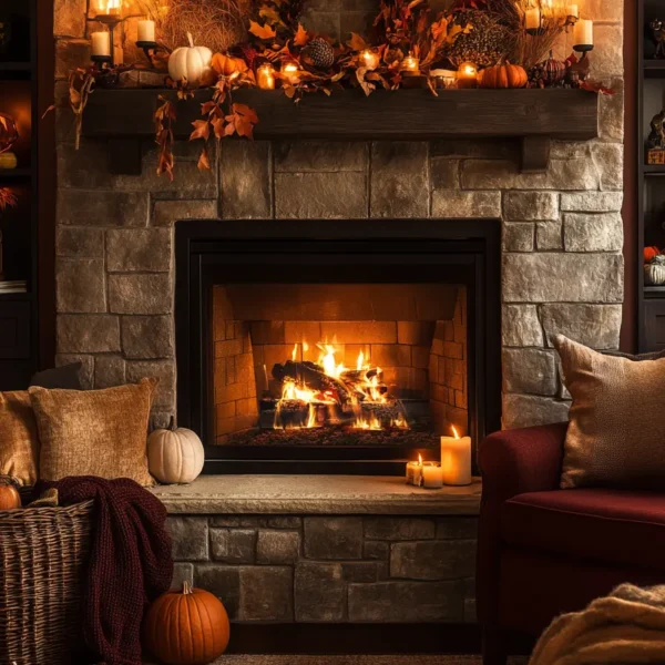Fall mantel decor incorporating a collection of vintage enamel signs with autumn themes