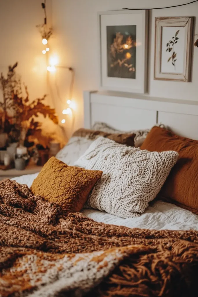 Green fall bedroom incorporating nature inspired elements