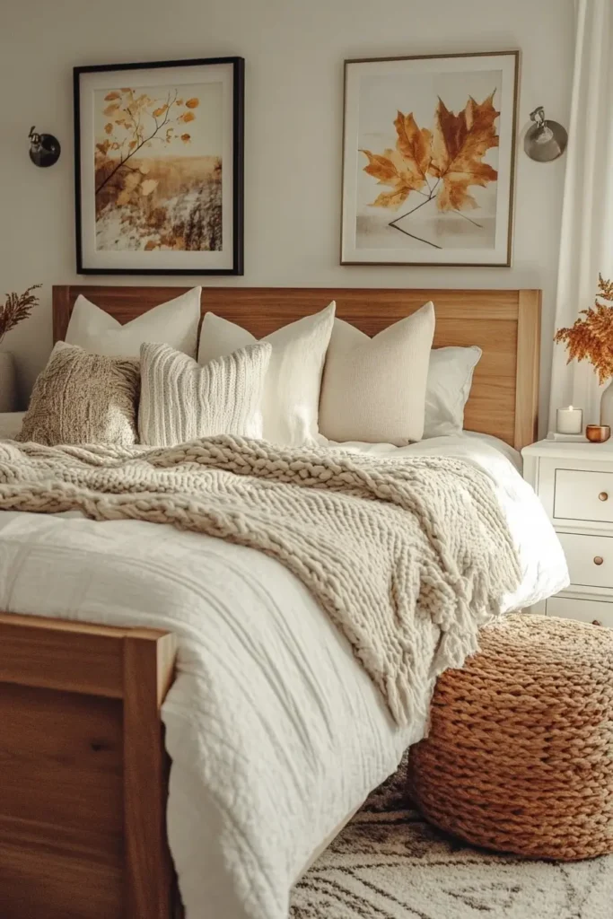 Minimalist fall bedroom decor with subtle seasonal touches