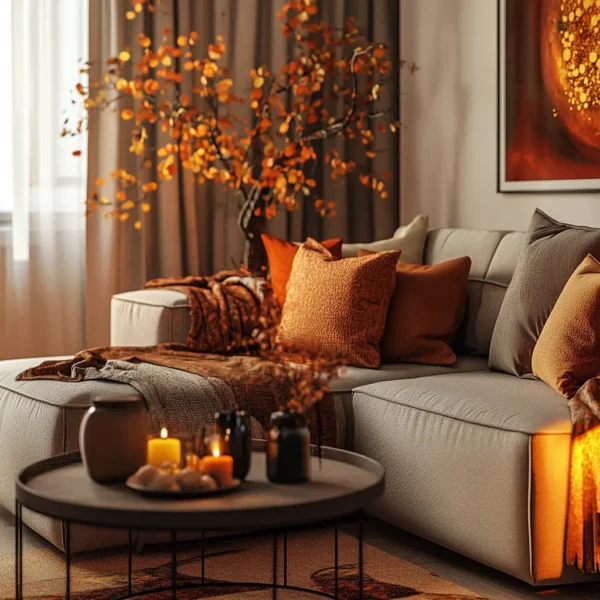 Neutral fall living room with subtle autumn touches and textured blankets