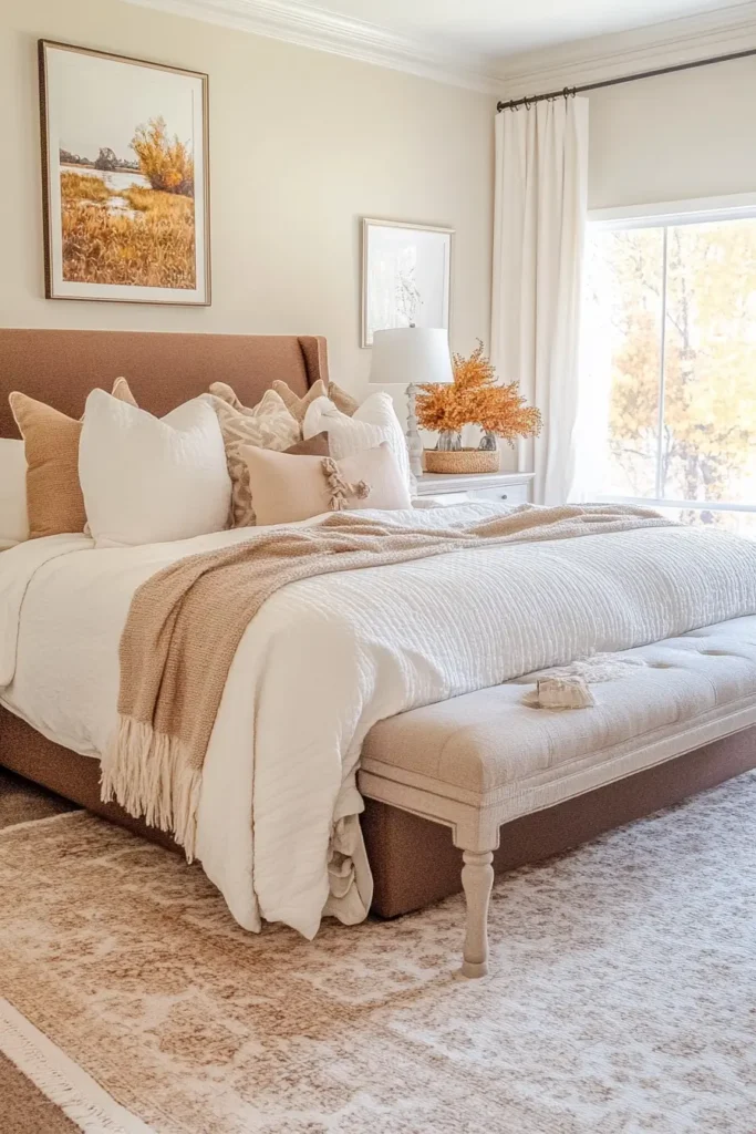 Pink fall bedroom decor offering a soft take on autumn style