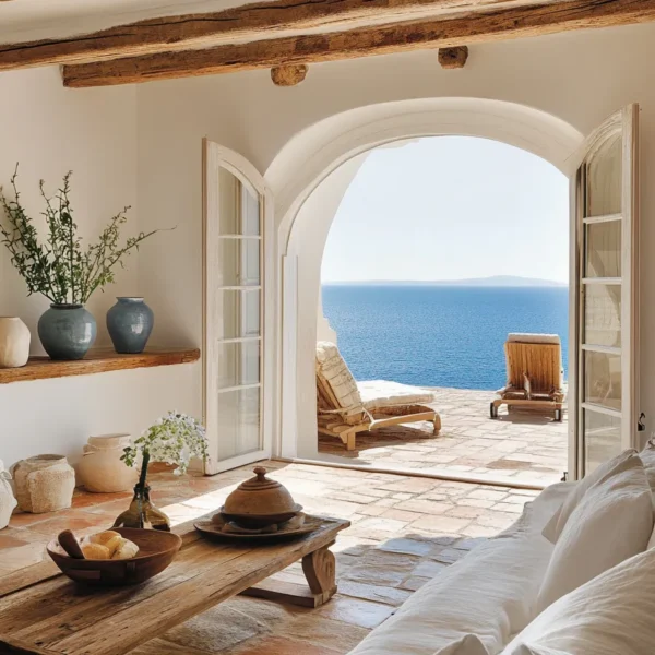 Coastal retreat living room with Italian color scheme, natural textures, and serene atmosphere
