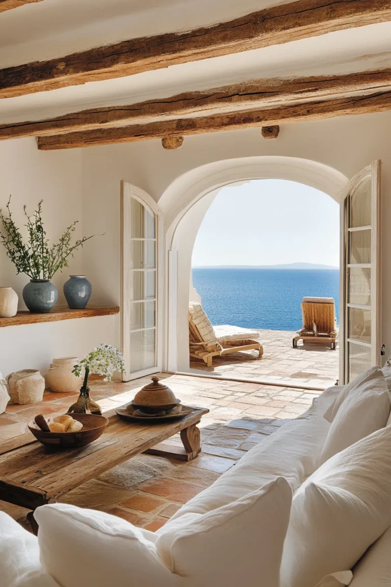 Coastal retreat living room with Italian color scheme, natural textures, and serene atmosphere