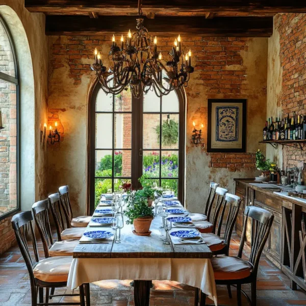 Cozy Italian farmhouse dining room terracotta tiles arched window rustic sideboard fresh flowers ambient lighting