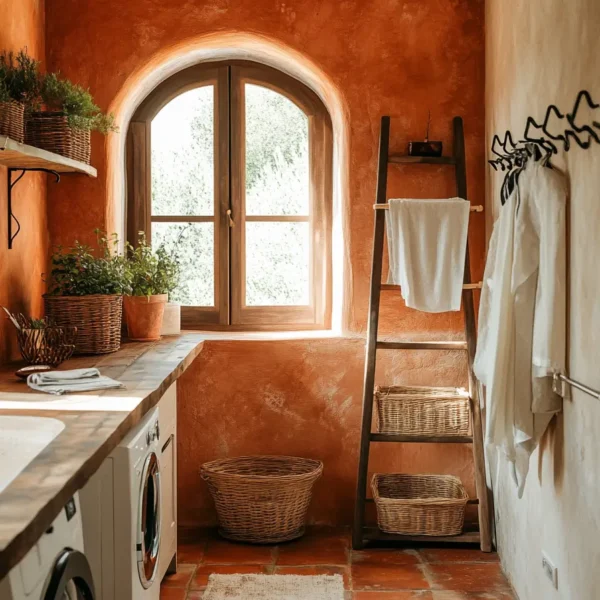 Cozy Italian utility room with terracotta walls multifunctional furniture and clever storage solutions bathed in warm natural light