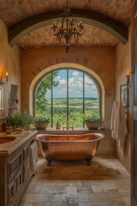 Italian bathroom showcasing a statement mirror and pendant lighting