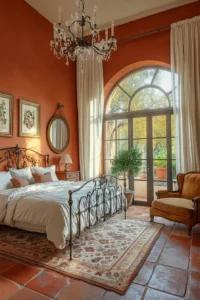 Italian bedroom with terracotta walls ornate wroughtiron bed frame antique wooden dresser crystal chandelier and rustic ceiling beams