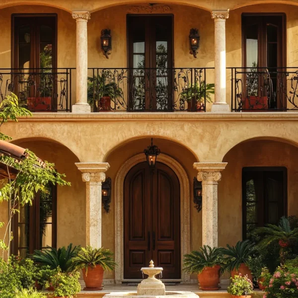 Italian villa exterior with marble accents, arched doorways, wrought iron balconies, and terracotta roof tiles
