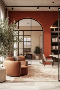 Luxurious Italian office cabin with cream and terracotta colors minimalist furniture glass partitions built in bookshelves pendant lighting olive tree