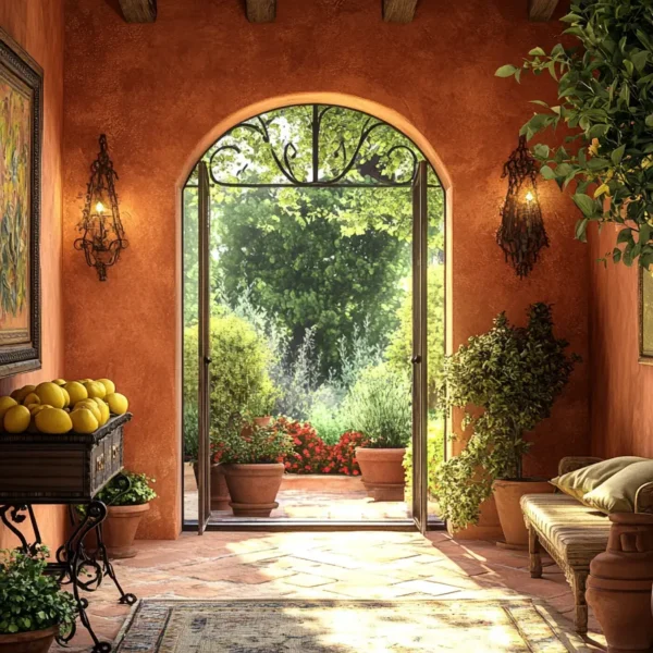 Mediterranean style foyer with gilded mirrors soft lighting olive branches in terracotta vases traditional decor organic elements warm inviting atmosphere