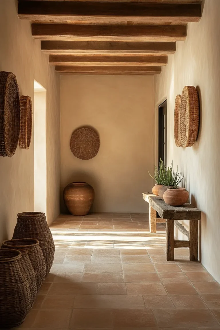 Wide angle view of a contemporary Mediterranean hallway showcasing arched doorways sleek lighting and subtle terracotta accents