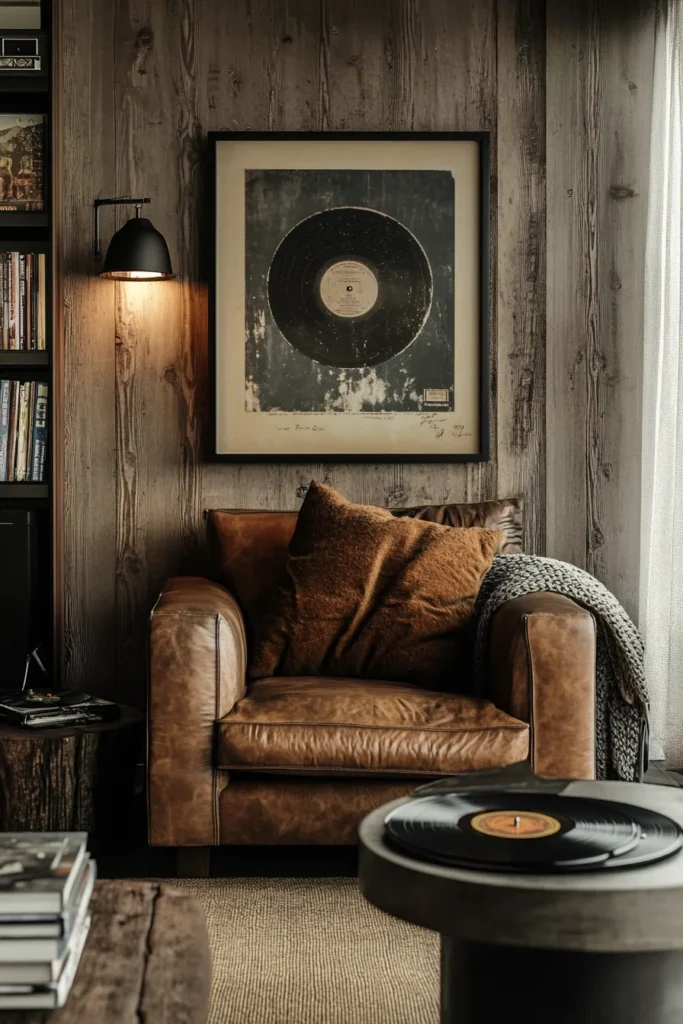 Cozy bachelor pad living room with leather armchair, wooden accents, ambient lighting, and vintage decor