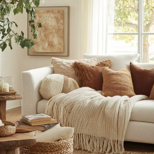 Cozy living room with plush sofa, textured pillows, chunky blanket, gallery wall, and soft lighting