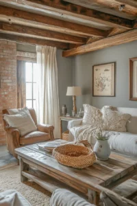 Cozy neutral toned farmhouse living space featuring exposed brick vintage furniture and warm textiles