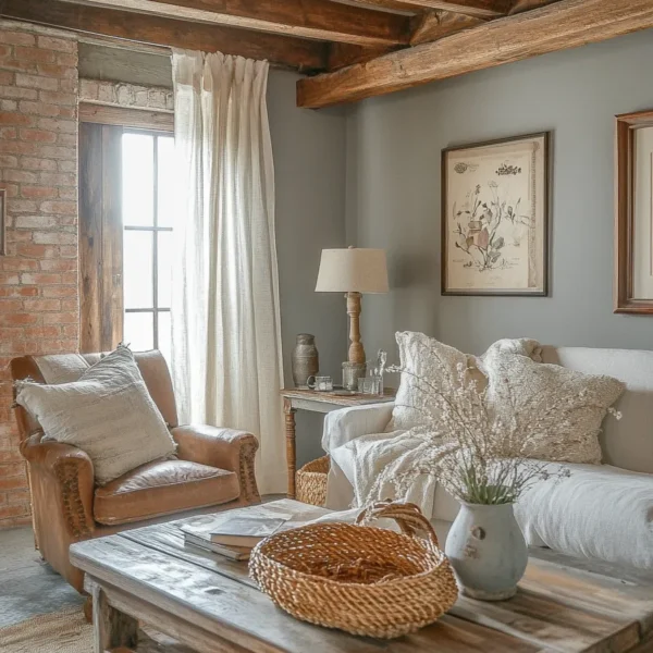 Cozy neutral toned farmhouse living space featuring exposed brick vintage furniture and warm textiles