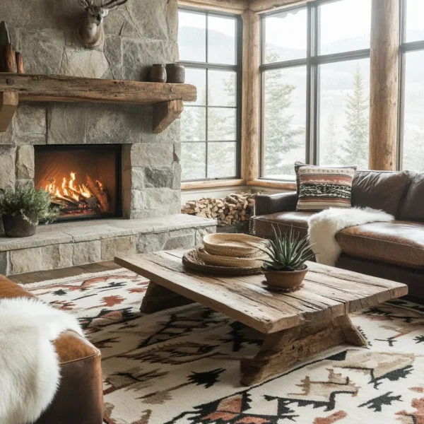 Cozy rustic space featuring Native American inspired rug, wood floors, and natural textures