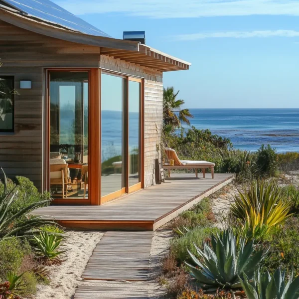 Eco friendly beachfront house with fiber cement siding, floor to ceiling windows, and solar panels. Warm interior glimpsed through window.