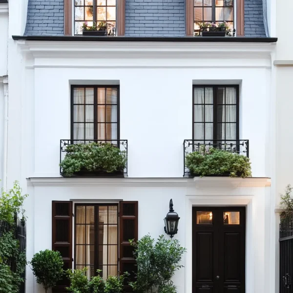 Elegant white stucco facade with rich brown window frames and forest green accents