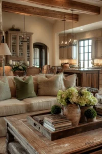 French country living room with beige walls, wooden furniture, wrought iron details, and soft lighting