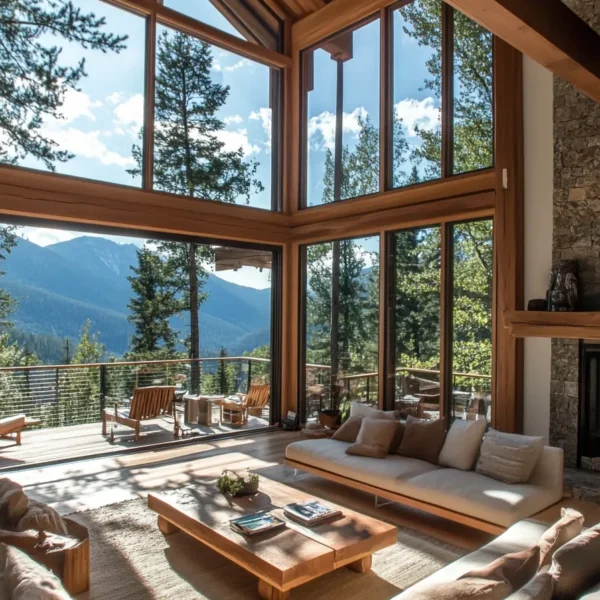 Innovative mountain home design with glass walls, rustic elements, and stunning views of surrounding peaks
