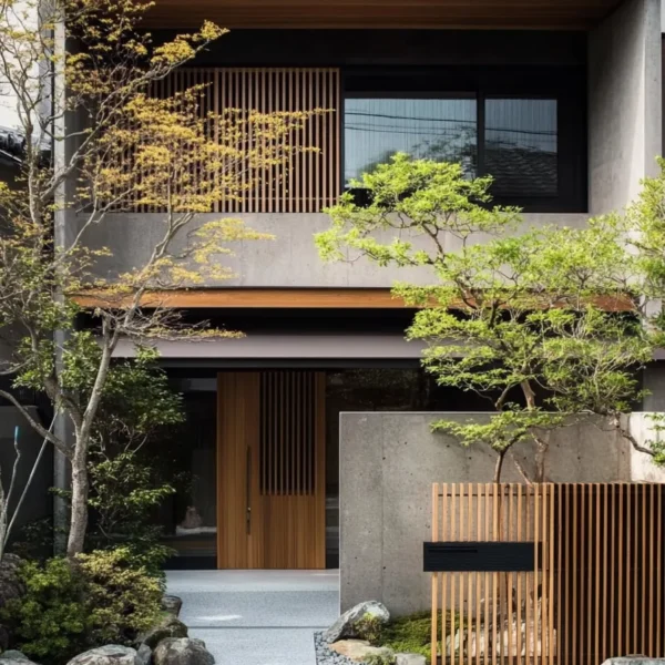 Modern Japanese facade with concrete wall wooden accents glass panels zen garden minimalist gate lush greenery