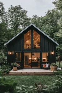 Modern barndominium interior featuring high ceilings abstract artwork warm wood flooring and pendant lighting