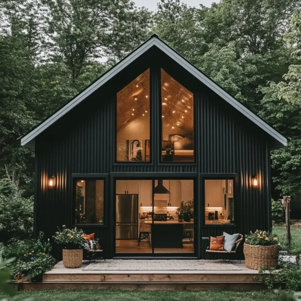 Modern barndominium interior featuring high ceilings abstract artwork warm wood flooring and pendant lighting