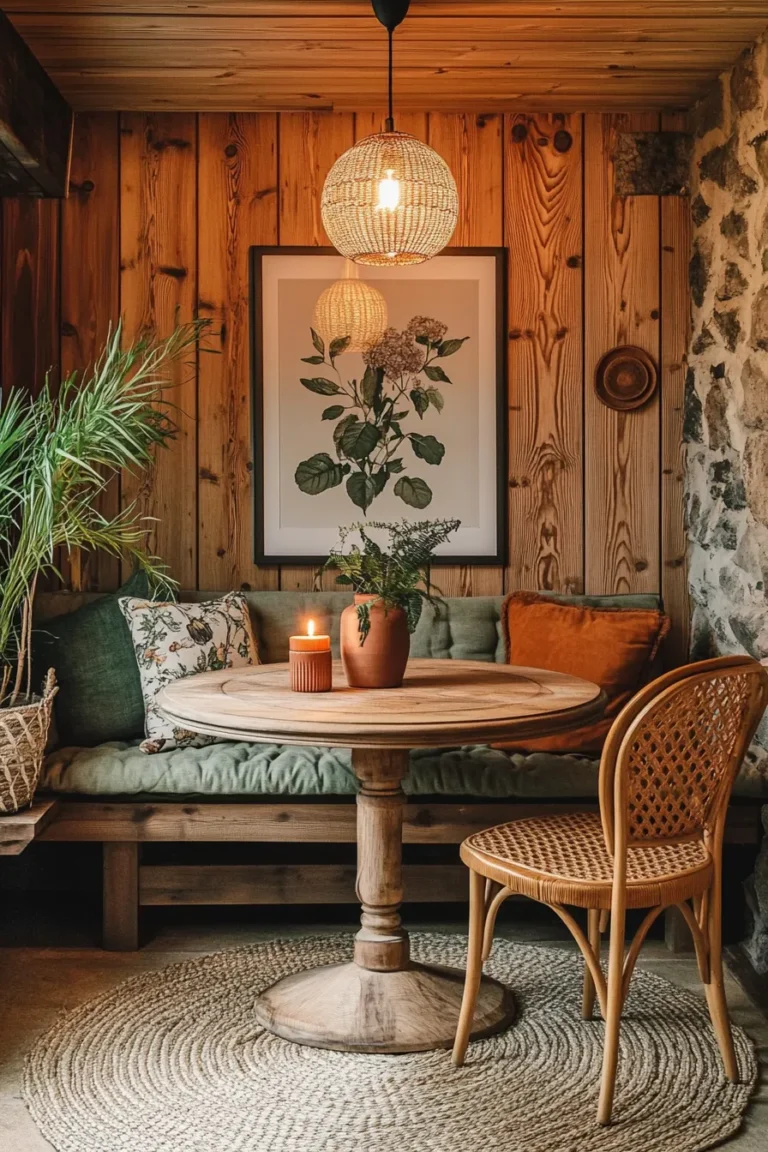 Modern earthy dining space with terracotta and olive green palette, reclaimed wood, and natural textures