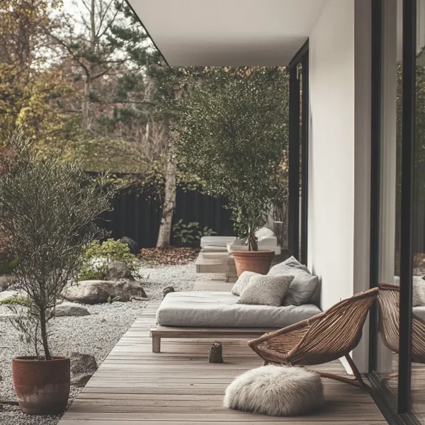Nordic inspired outdoor area featuring sleek white walls wooden deck minimalist furniture cozy textiles and fire pit
