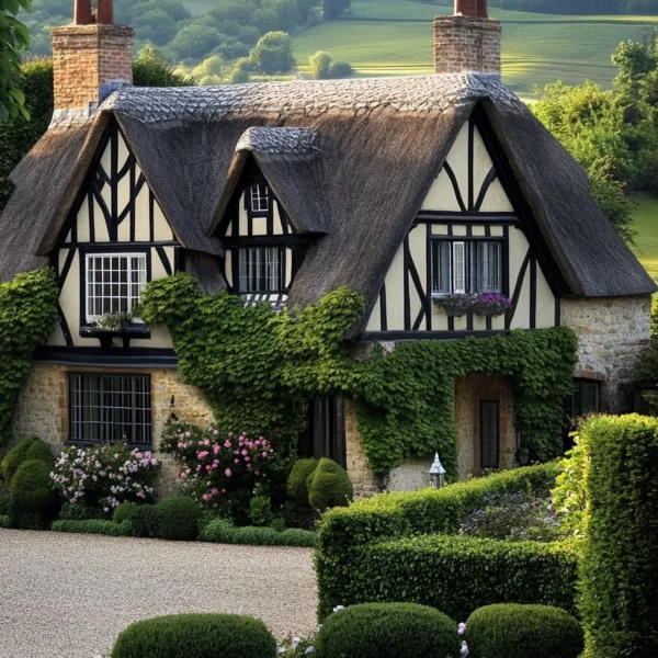 Picturesque English country house with limestone walls timber framing and symmetrical windows in rural setting