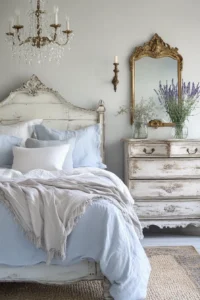 Rustic elegant French country bedroom with pale blue and lavender accents