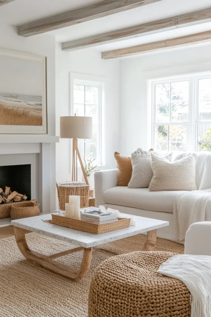 Cozy hygge space with blankets and pillows.