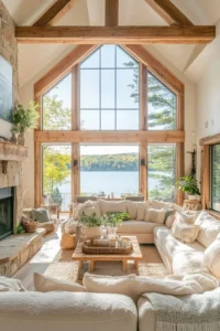 Spacious modern rustic living room in lake house with fireplace, large windows, and inviting seating arrangement