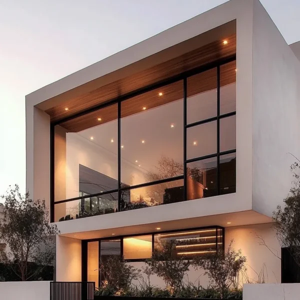 Striking modern house exterior blending white stucco, glass, metal, and wood with clean lines and contrasting textures