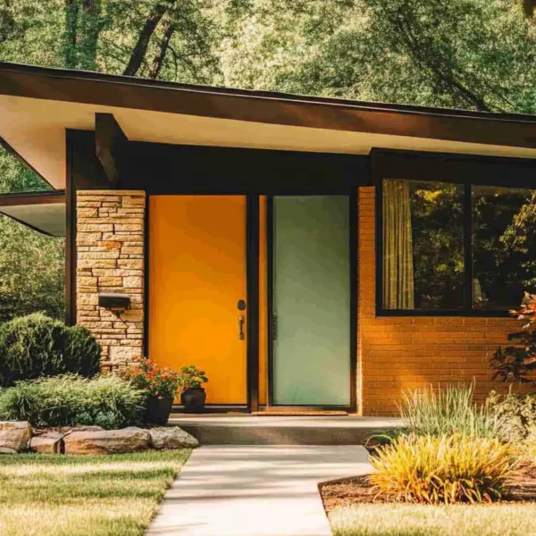 Sun drenched mid century modern home exterior with mustard, terracotta, and sage facade, expansive windows, and minimalist landscaping