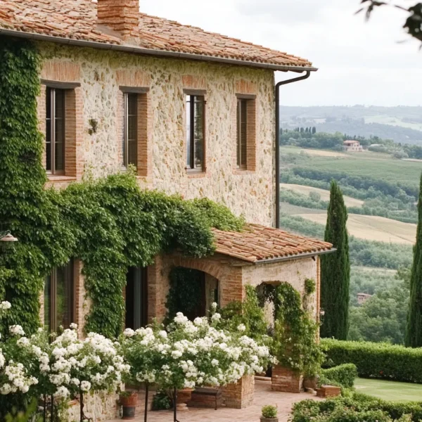 Sun drenched modern Italian country home exterior surrounded by olive trees and bubbling fountain