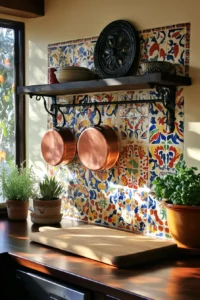 Sunlit Spanish hacienda kitchen with vibrant tiles terracotta planter wooden cutting board and decorative elements