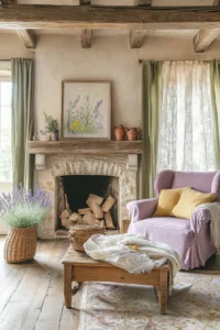 Warm French country room with plush seating, floral art, and natural light through lace curtains