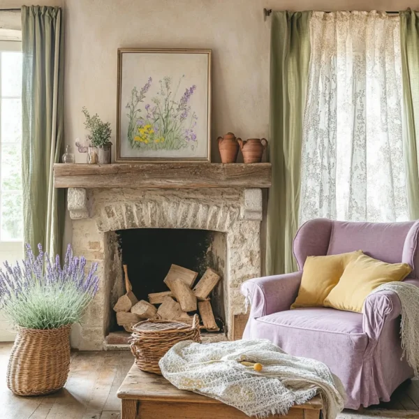 Warm French country room with plush seating, floral art, and natural light through lace curtains