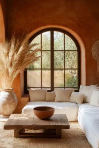 Warm Spanish revival living room with ceramic accents, textured surfaces, and golden sunlight