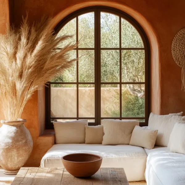 Warm Spanish revival living room with ceramic accents, textured surfaces, and golden sunlight