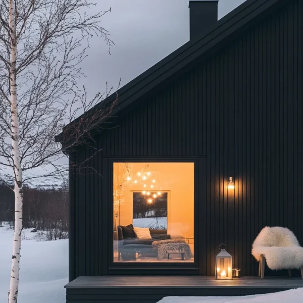 Charcoal gray scandinavian house exterior modern with large windows warm light gable roof minimalist lanterns