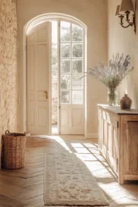 Charming French country hallway with herringbone wood floors and French country hallway decor including floral runner